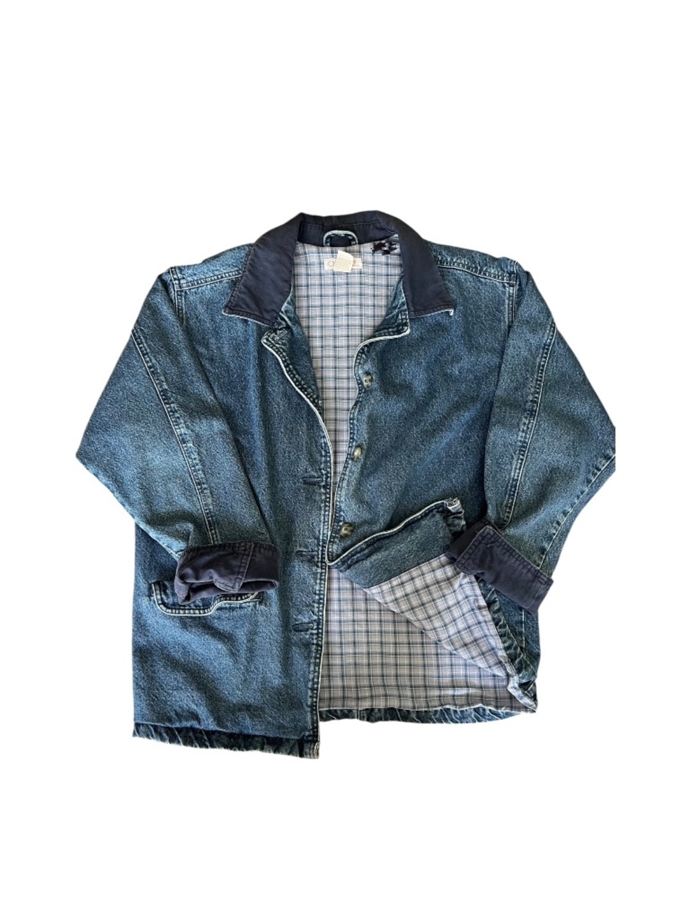 Vintage Denim Chore Jacket Cotton Gingham Lined Large 100% Cotton
